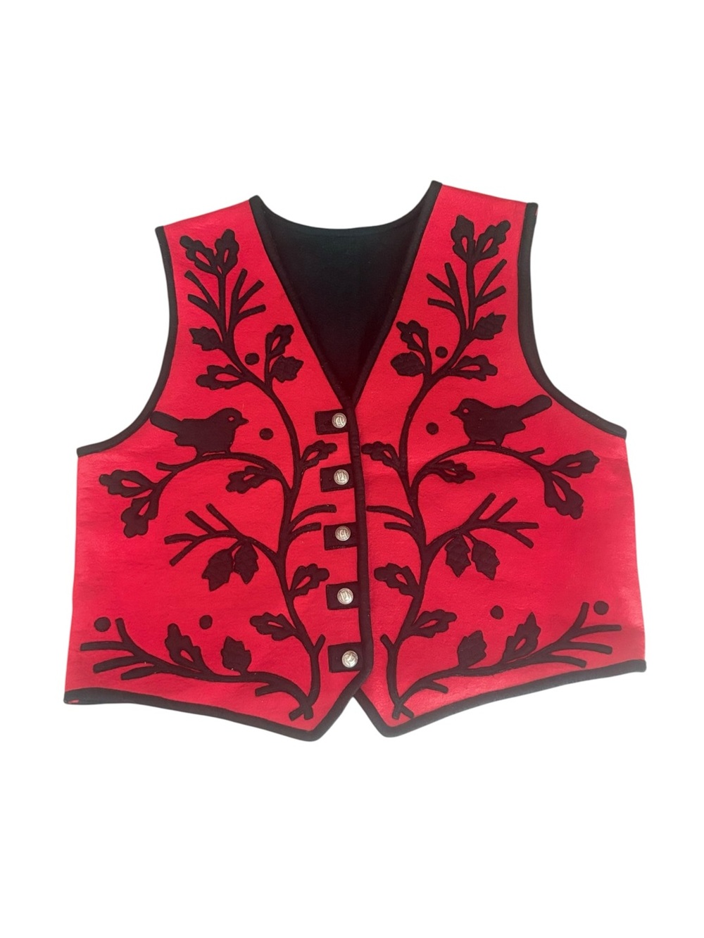Midwest of Cannon Falls Red Black Wool Felt Flora Bird Folk Vest Womens Large XL